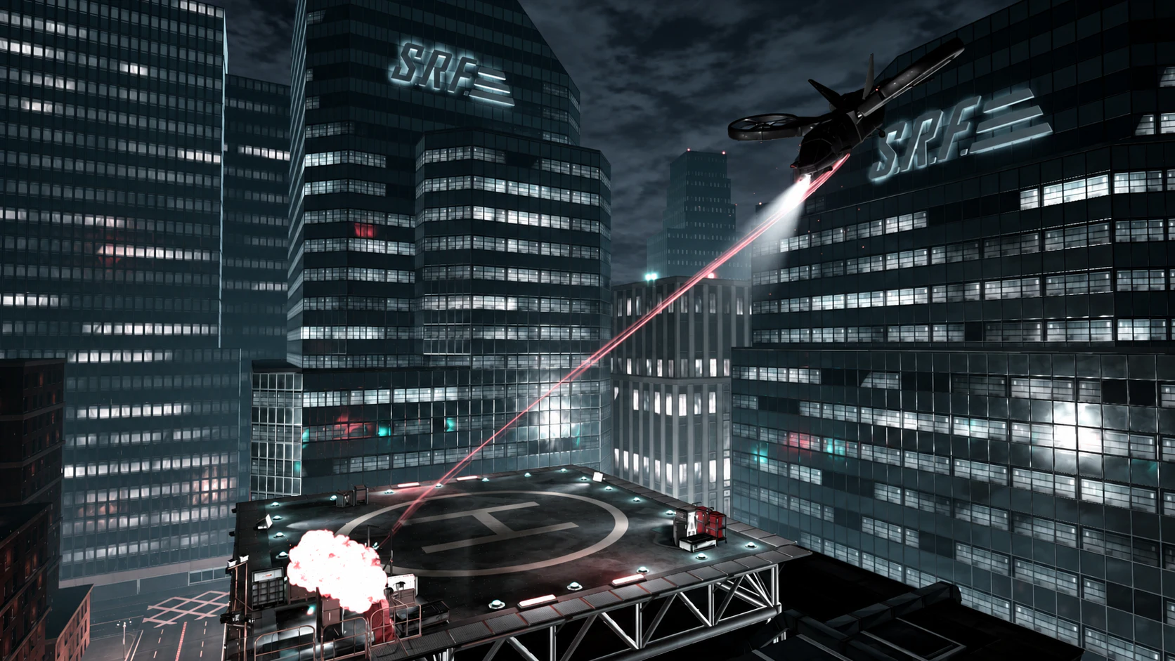 A monochrome futuristic city scene with a helicopter firing a red beam towards a rooftop helipad.