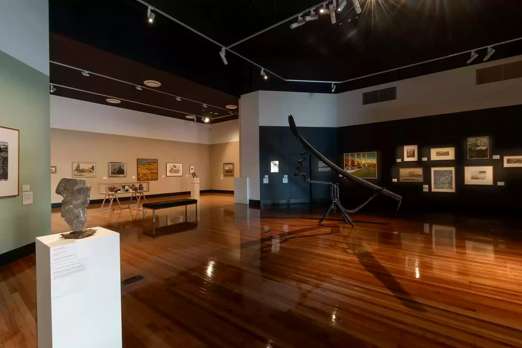 Polished timber floors, artworks and a large sculptural form inside Latrobe Regional Gallery.