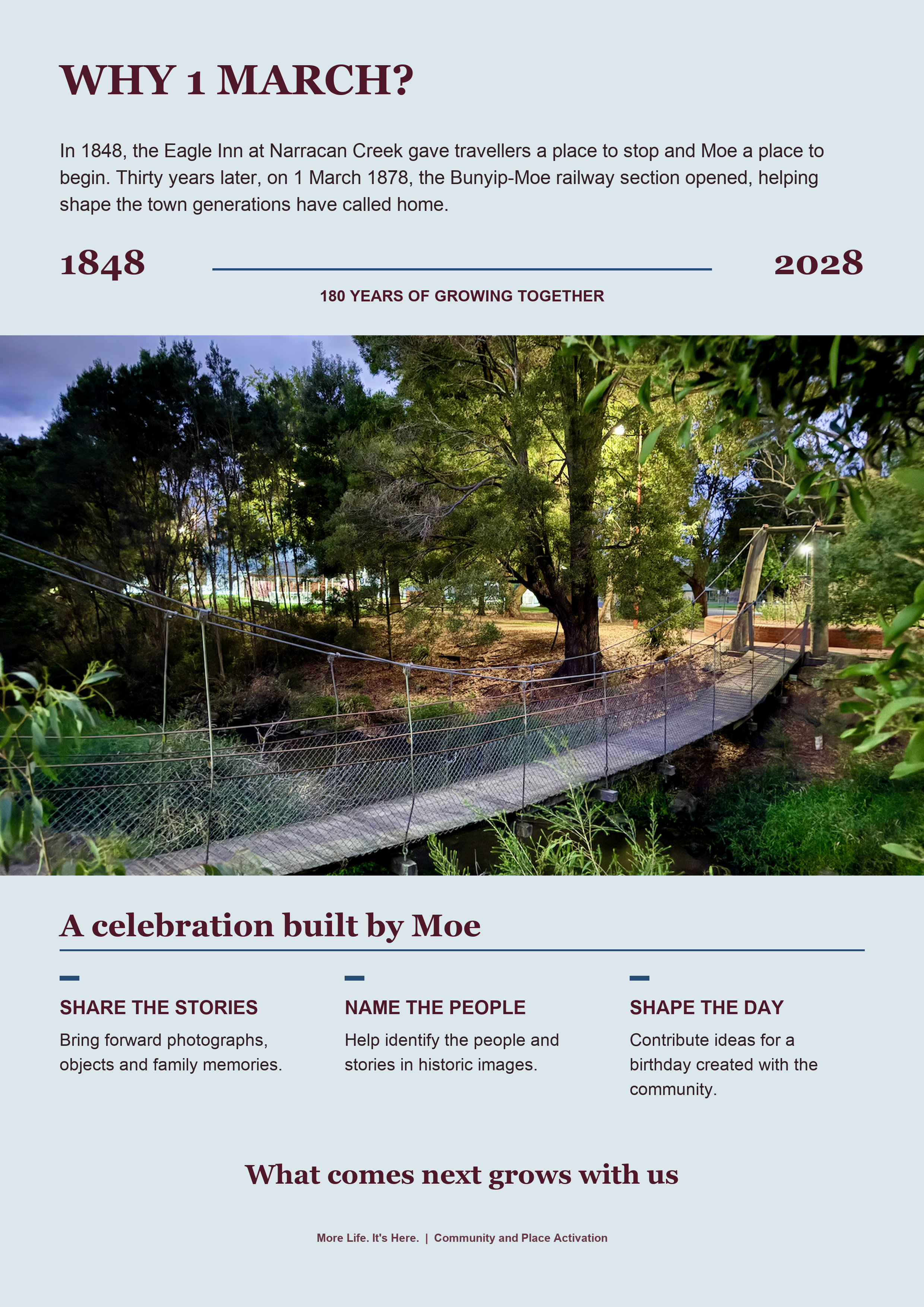 Rear of the approved Moe 180 Years of Growing Together brochure